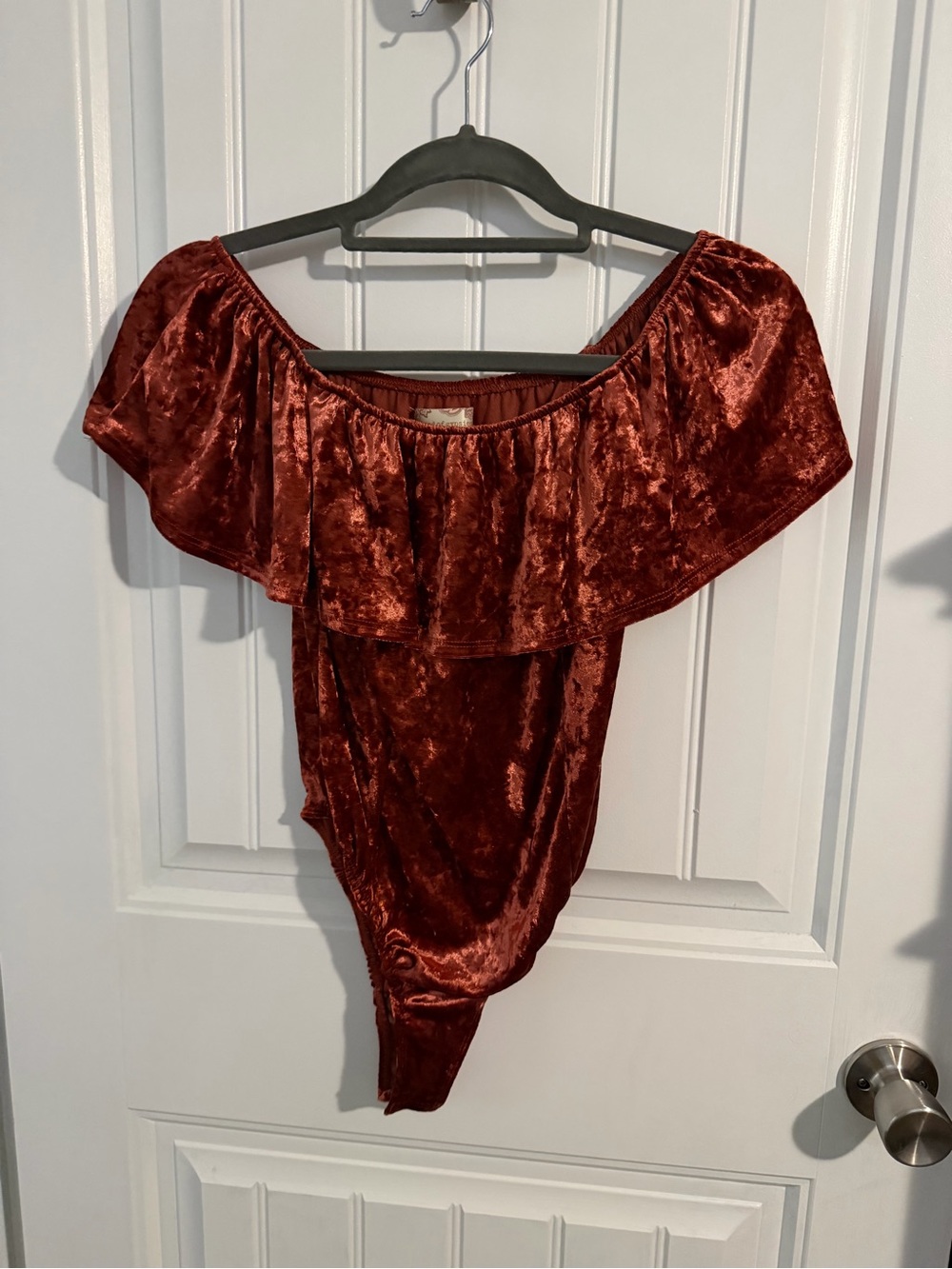 Band of Gypsies Velvet Off-Shoulder Bodysuit in Rust